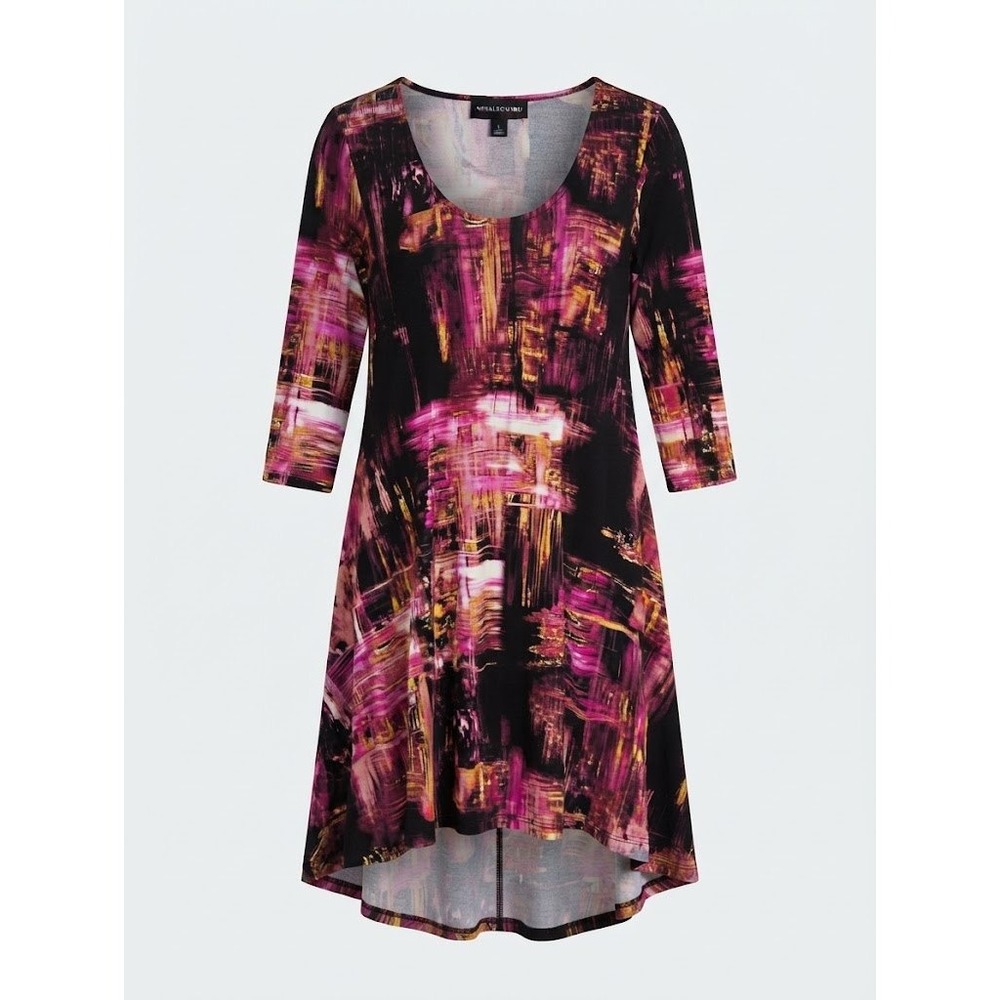 Nina Leonard Womens Abstract Print 3/4 Sleeve Fit Flare Pocket Dress Black L